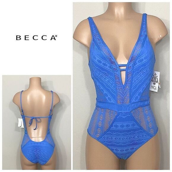 New BECCA sky blue crochet lace swimsuit - Picture 1 of 9